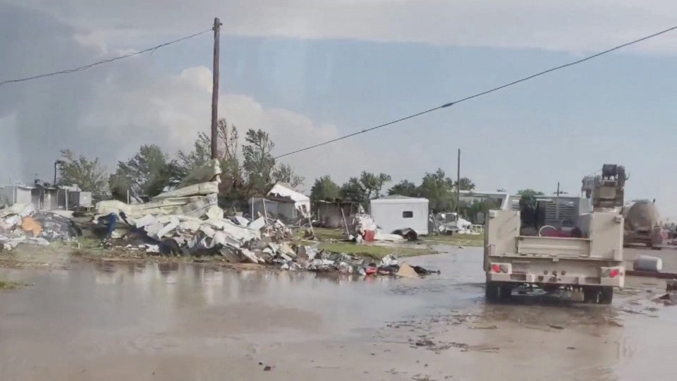 A view of a damaged site in Perryton as the town gets struck by a tornado