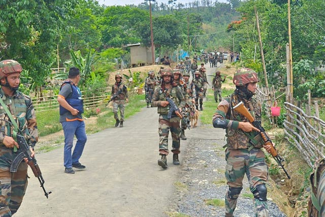 <p>Indian army soldiers patrol during a security operation in hill and valley areas in the northeastern state of Manipur</p>