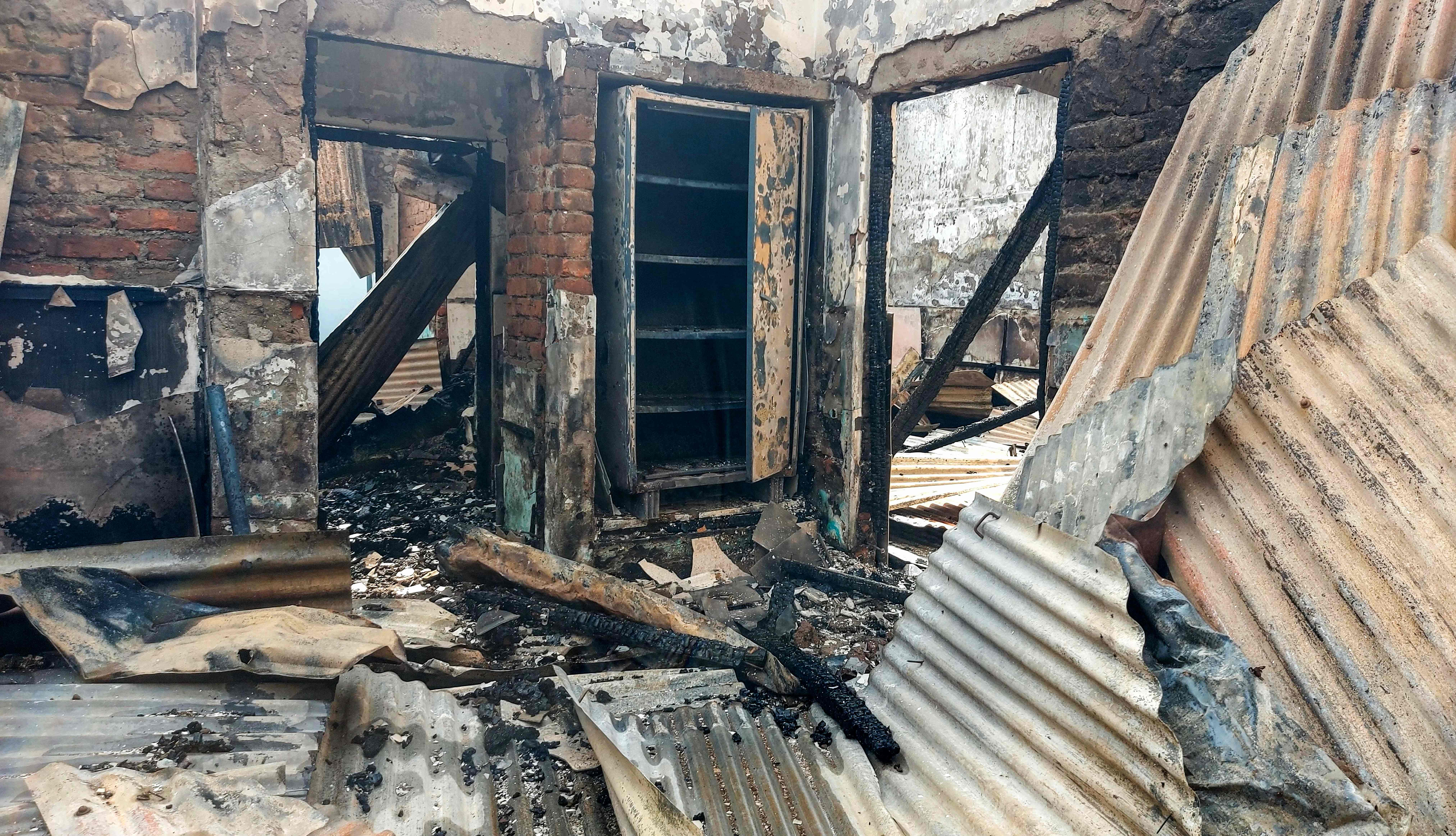 Charred remains of official residence of Manipur’s minister Nemcha Kipgen in Imphal, which was set ablaze by mob last evening during ongoing ethnic violence in India’s north-eastern Manipur state