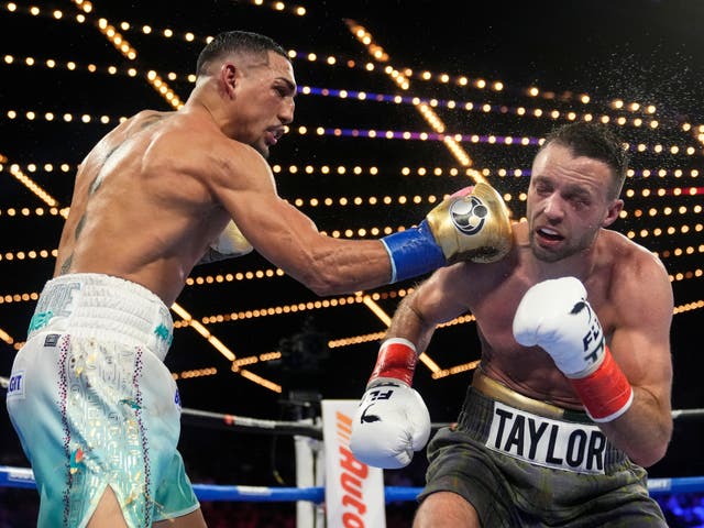 <p>Teofimo Lopez (left) during his decision win over Josh Taylor</p>