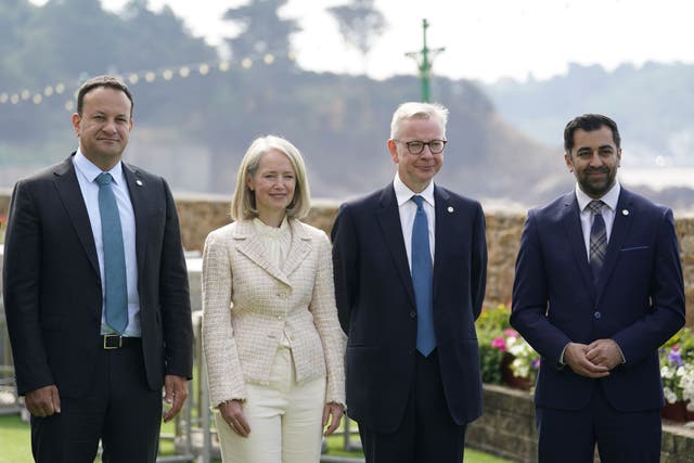 (left to right) Taoiseach Leo Varadkar, Chief Minister of Jersey Kristina Moore, Michael Gove and First Minister of Scotland Humza Yousaf at the British-Irish Council summit meeting at the L’Horizon Hotel in St Brelade’s Bay, Jersey (PA)