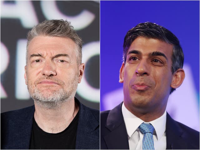 <p>Charlie Brooker (left) and Rishi Sunak</p>