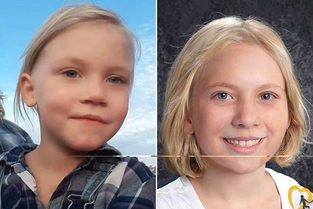 <p>Summer Wells, pictured left in a photo before her 2021 disappearance, and pictured right in a newly released age-progression photo two years later </p>