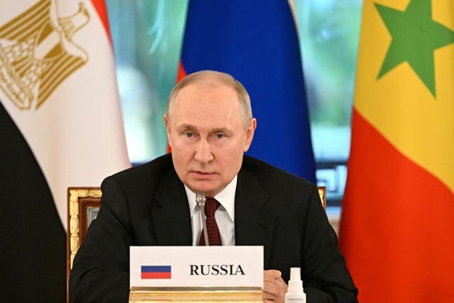 <p>Russian President Vladimir Putin attends a meeting with delegation of African leaders</p>