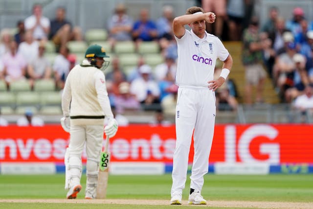 Stuart Broad, right, bowled Usman Khawaja, who was called back after the seamer had overstepped (Mike Egerton/PA)