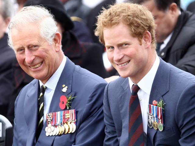 <p>Prince Charles (L), Prince of Wales and Prince Harry smiles as they attend a memorial service on the occasion of the 100th anniversary of the land campaign of the Battle of Gallipoli in Canakkale on April 25, 2015</p>