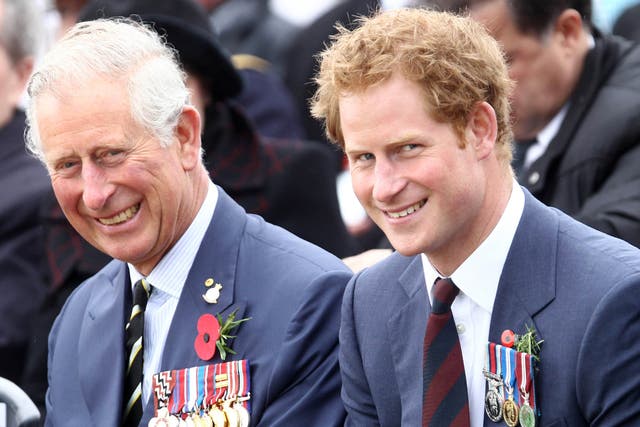 <p>Prince Charles (L), Prince of Wales and Prince Harry smiles as they attend a memorial service on the occasion of the 100th anniversary of the land campaign of the Battle of Gallipoli in Canakkale on April 25, 2015</p>
