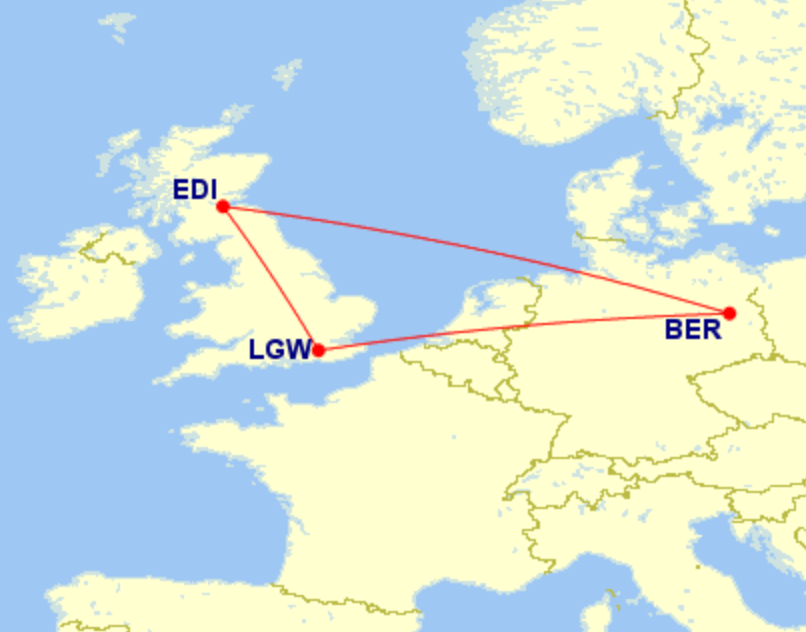 Around the houses: after cancelling a flight from London Gatwick (LGW) to Edinburgh (EDI), easyJet suggested routing via Berlin (BER)