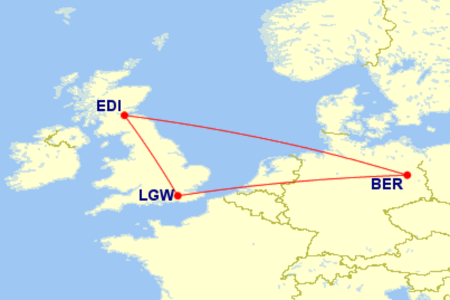 <p>Around the houses: after cancelling a flight from London Gatwick (LGW) to Edinburgh (EDI), easyJet suggested routing via Berlin (BER)</p>