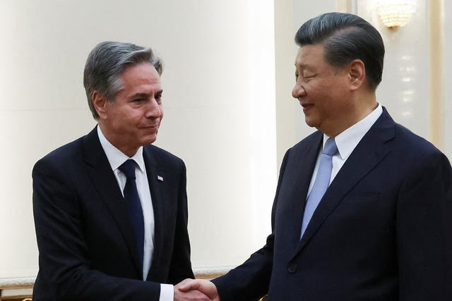 <p>US Secretary of State Antony Blinken shakes hands with Chinese President Xi Jinping in the Great Hall of the People in Beijing</p>