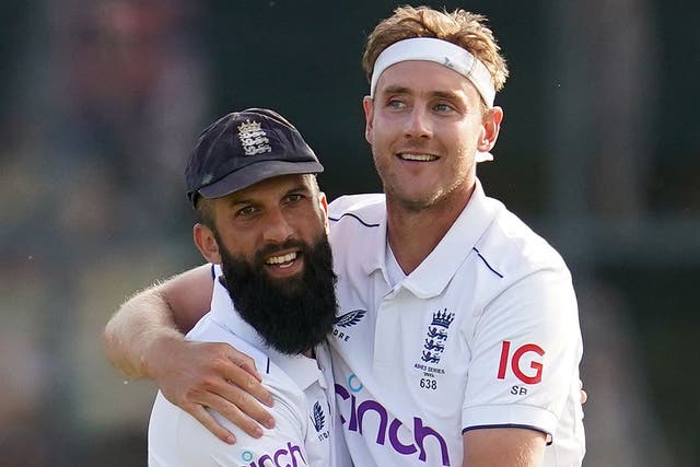 Stuart Broad, right, and Moeen Ali celebrate a key wicket on day four (Nick Potts/PA)
