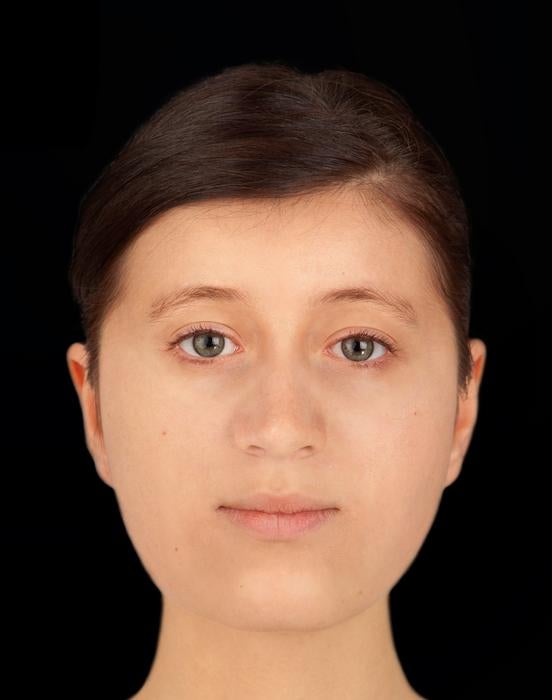 Trumpington Cross burial facial reconstruction created by forensic artist Hew Morrison using measurements of the woman’s skull and tissue depth data for Caucasian females