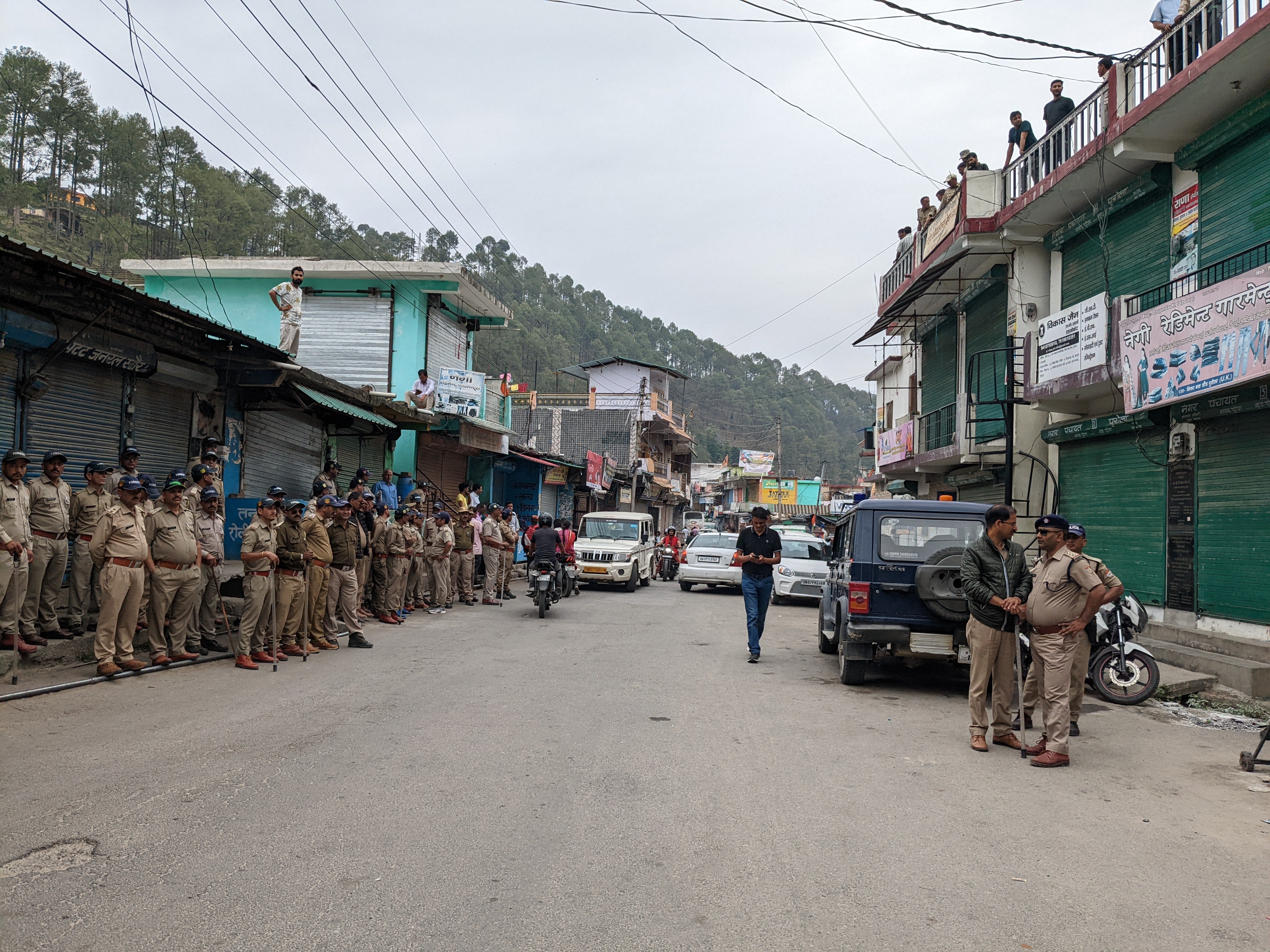 Heavy police deployment in Purola on 15 June ahead of the planned mahapanchayat