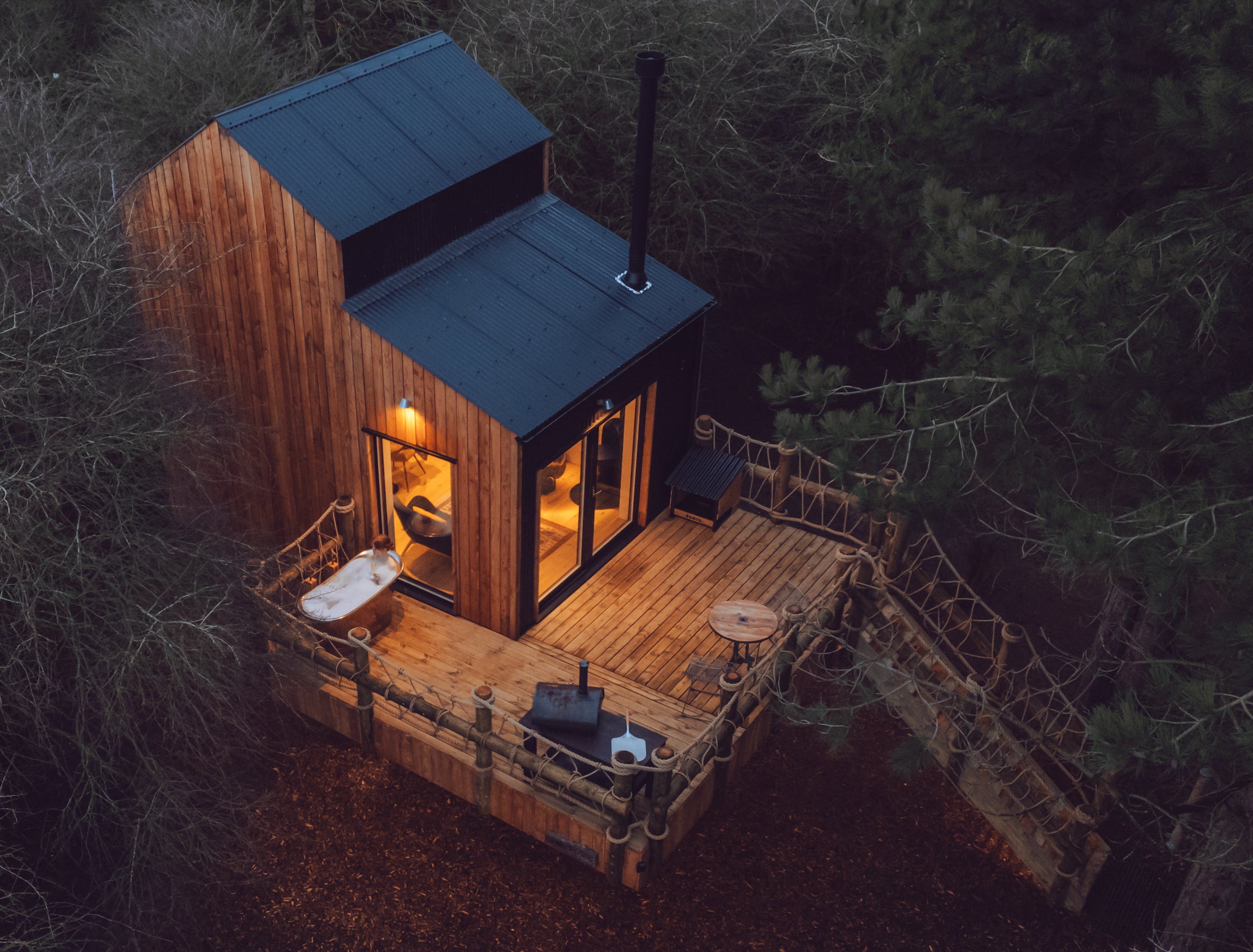 An aerial shot of Two Pines Treehouse