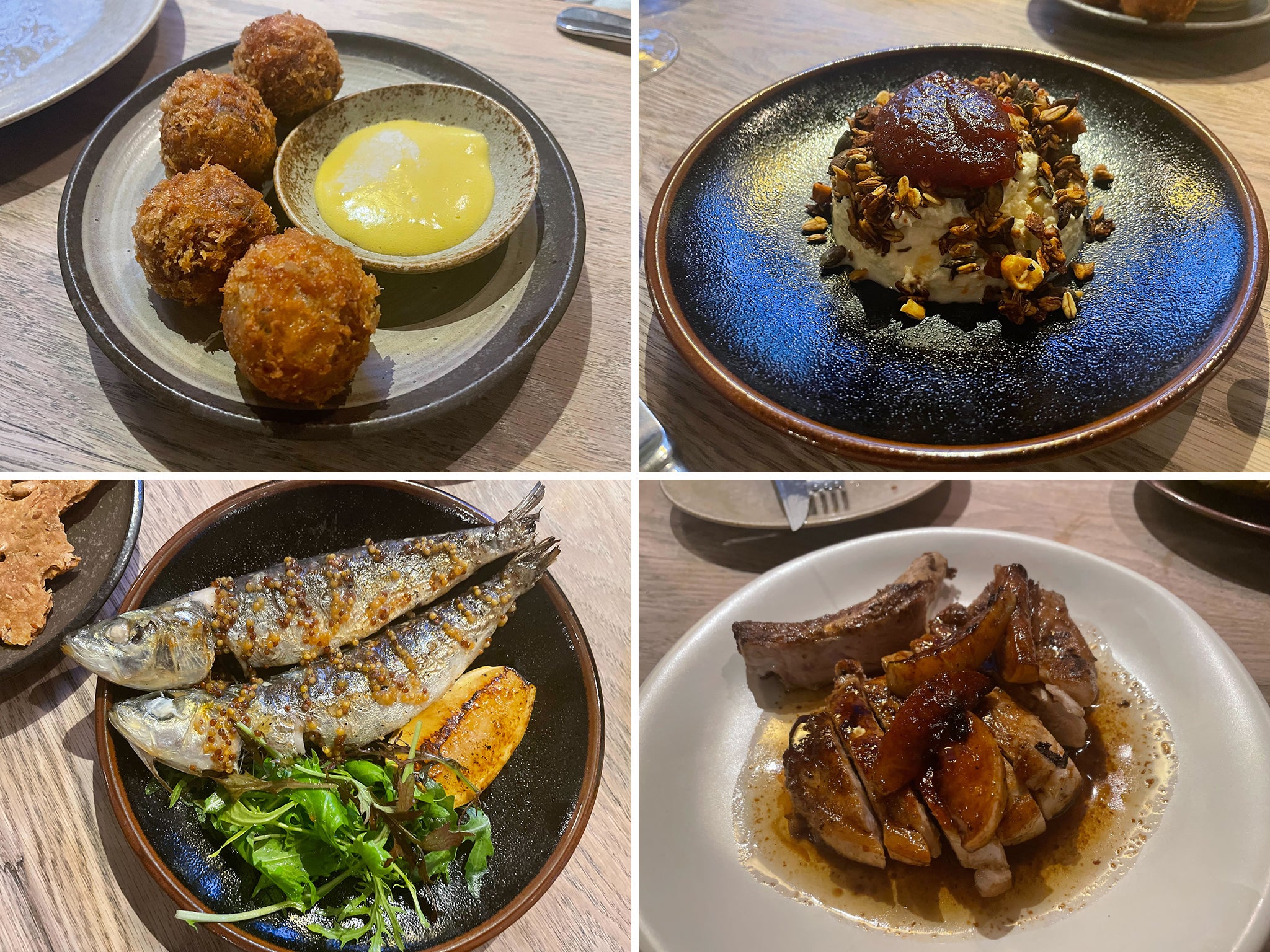 Clockwise from top right: ham knuckle croquettes, sweet and savoury granola, fried sardines in burnt lemon, and a pork chop with charred fruit