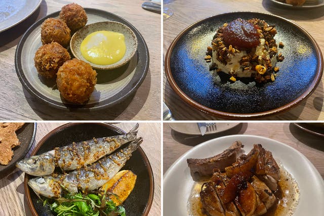 <p>Clockwise from top right: ham knuckle croquettes, sweet and savoury granola, fried sardines in burnt lemon, and a pork chop with charred fruit </p>