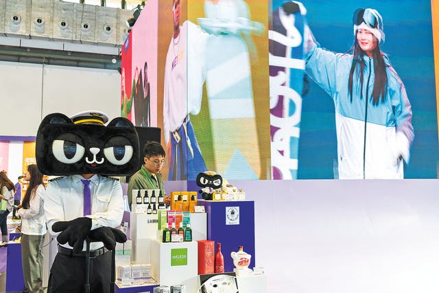<p>The booth of Tmall Global, the cross-border e-commerce site of Alibaba Group, is seen at the third China International Consumer Products Expo held in Haikou, Hainan province, in April 2023</p>