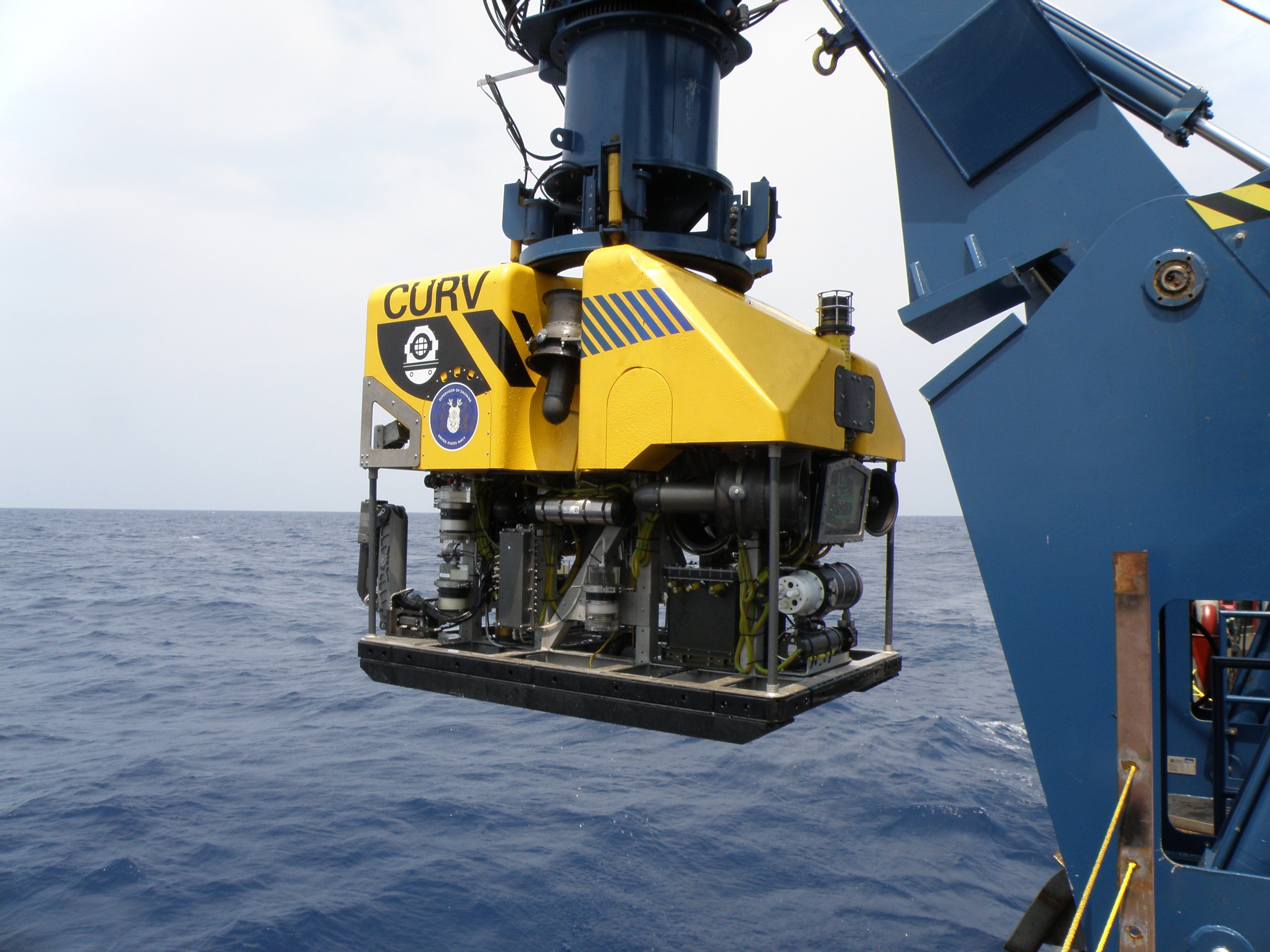 <p>A US Navy Curv-21, an unmanned submersible vessel that can reach a depth of 20,000 feet, is being used in the search for the missing Titanic wreck vessel</p>