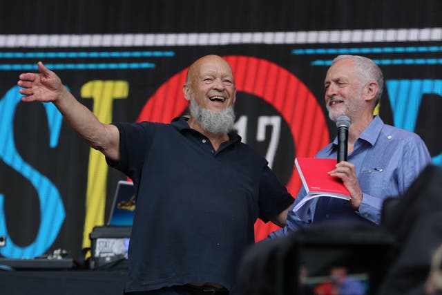 <p>Glastonbury founder Michael Eavis (left) and Jeremy Corbyn on stage at the 2017 festival</p>