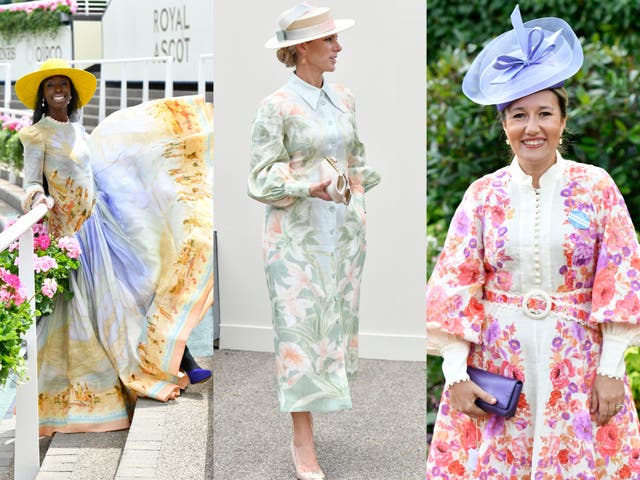 <p>From left to right: Model Eunice Olumide, Zara Tindall, and an unnamed racegoer attend the first day of Royal Ascot on 20 June 2023</p>