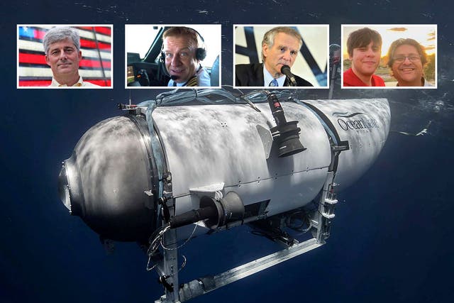 <p>The Titan submersible and (inset) the five missing on board </p>