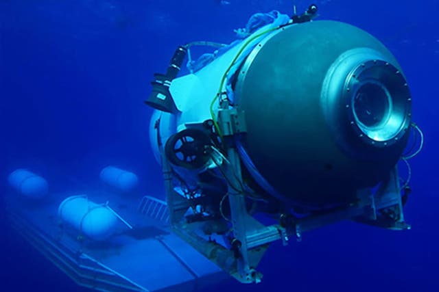 <p>This undated image courtesy of OceanGate Expeditions, shows their Titan submersible launching from a platform</p>