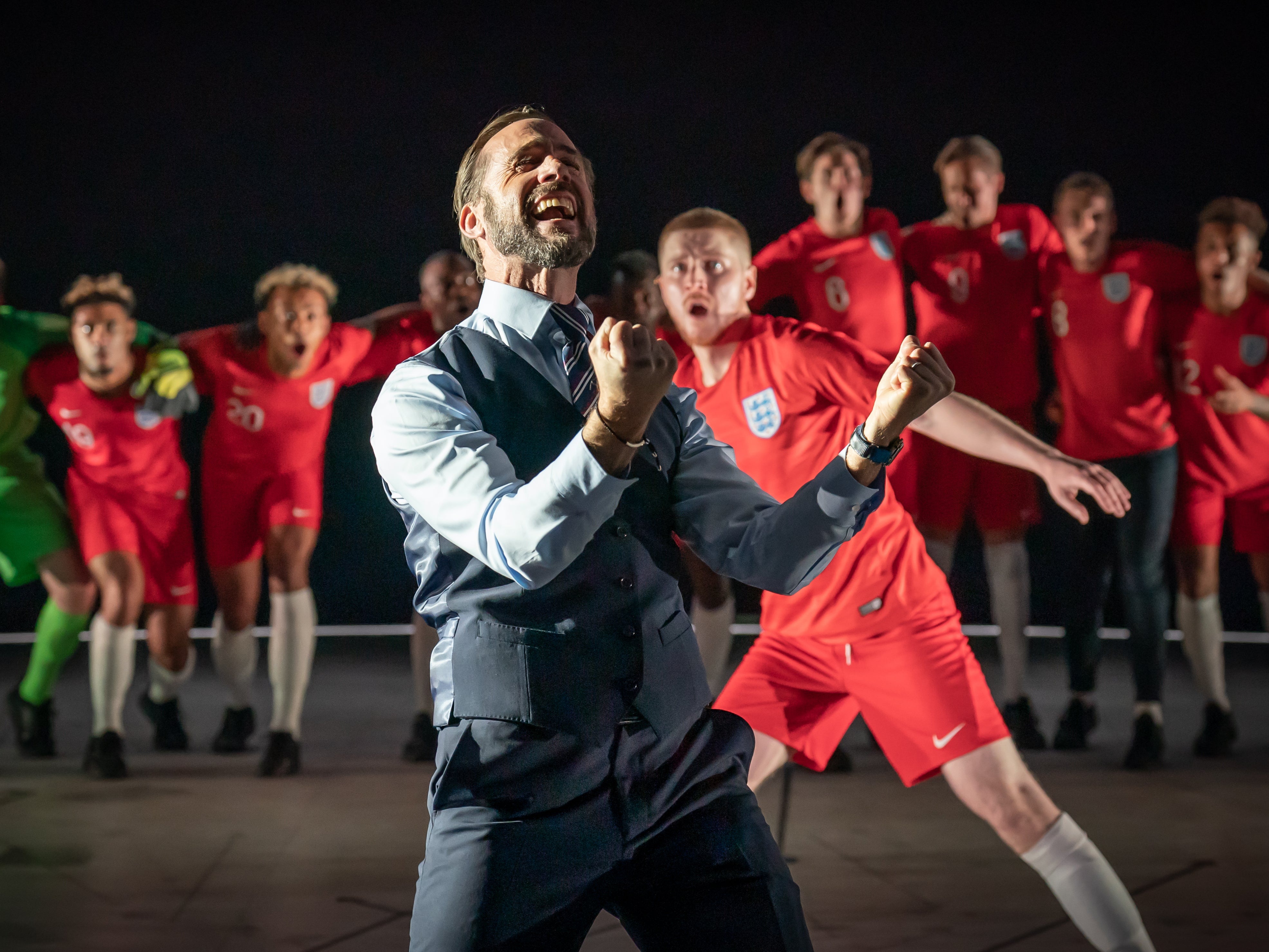 Joseph Fiennes as England’s revolutionary manager Gareth Southgate, and the ‘Dear England’ cast, at the National Theatre