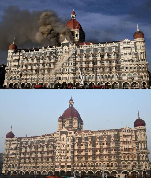 This combination of pictures created on 21 November 2018 shows fire and smoke billowing out of the Taj Mahal Palace Hotel in Mumbai during an attack by militants on 27 November2008