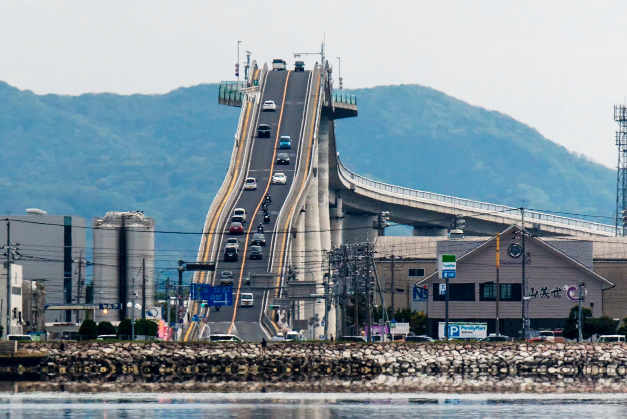 The Eshima Ohashi Bridge connects Matsue, Shimane and Sakaiminato over Nakaumi lake