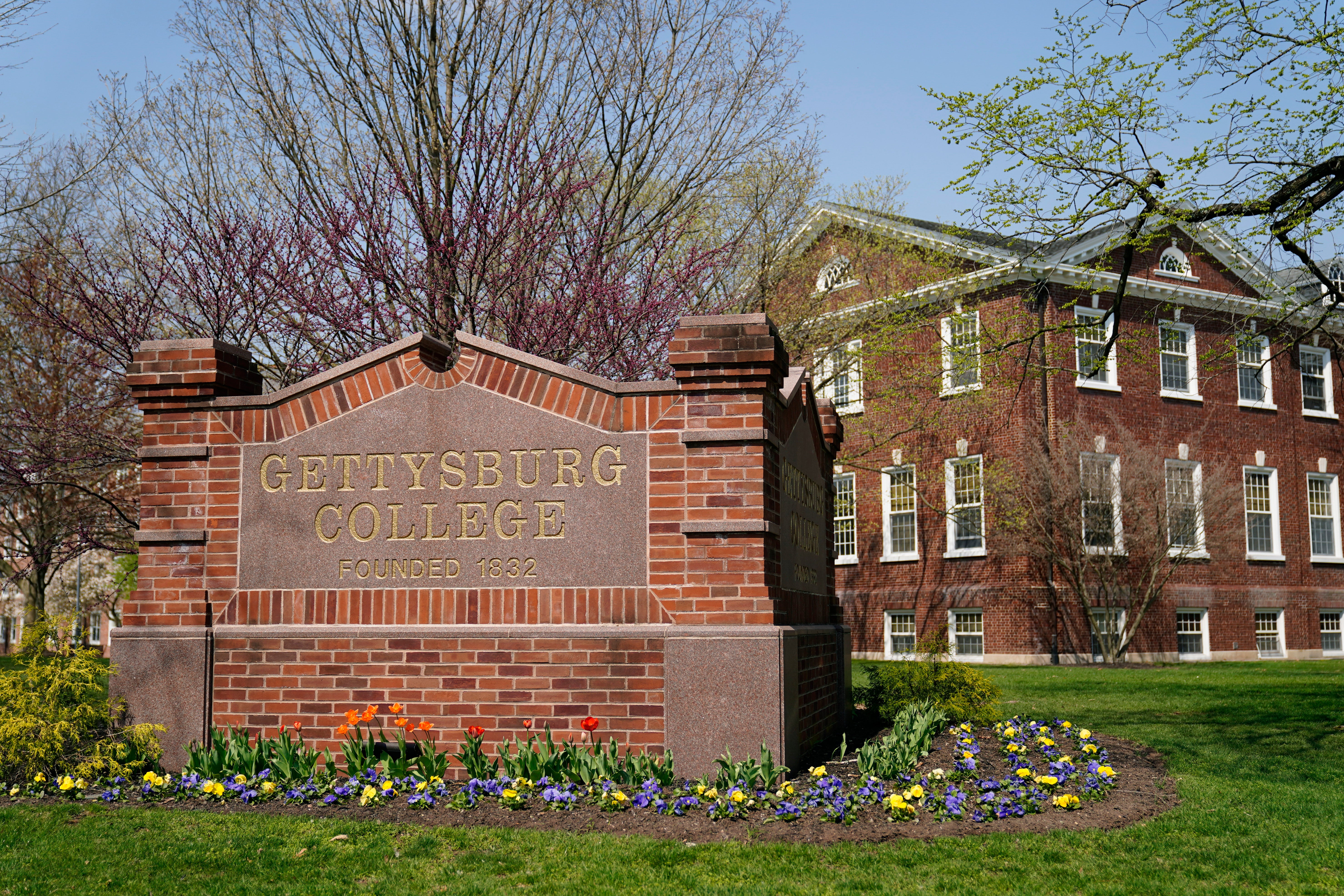 A sign for Gettysburg College stands on April 7, 2021, in Gettysburg