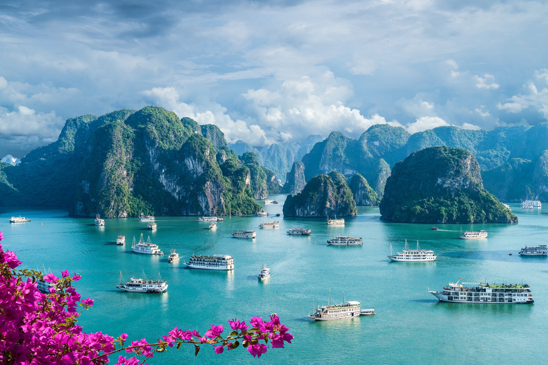 Halong Bay is known for its azure waters and limestone rock islands