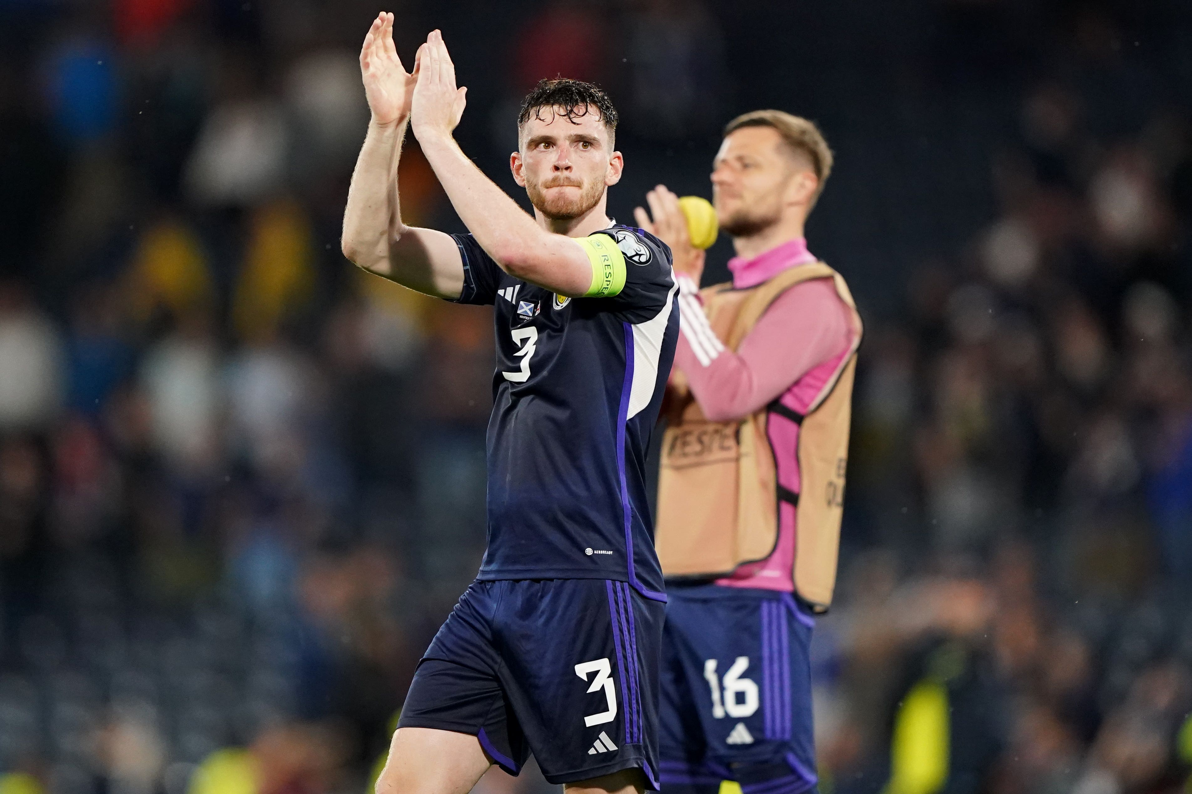 Andy Robertson showed his appreciation after Scotland’s win over Georgia (Andrew Milligan/PA)