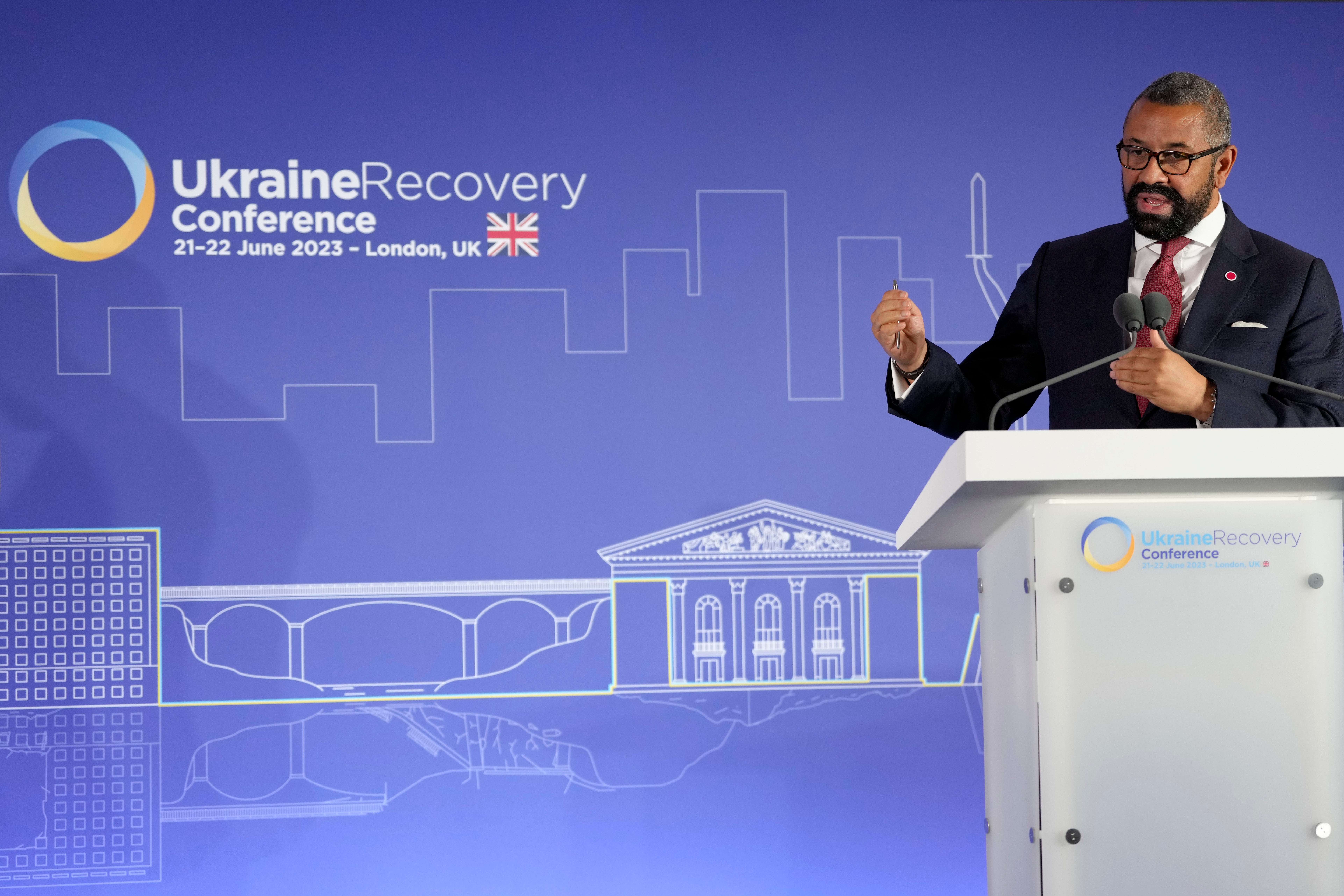 James Cleverly at the Ukraine Recovery Conference in London on Wednesday