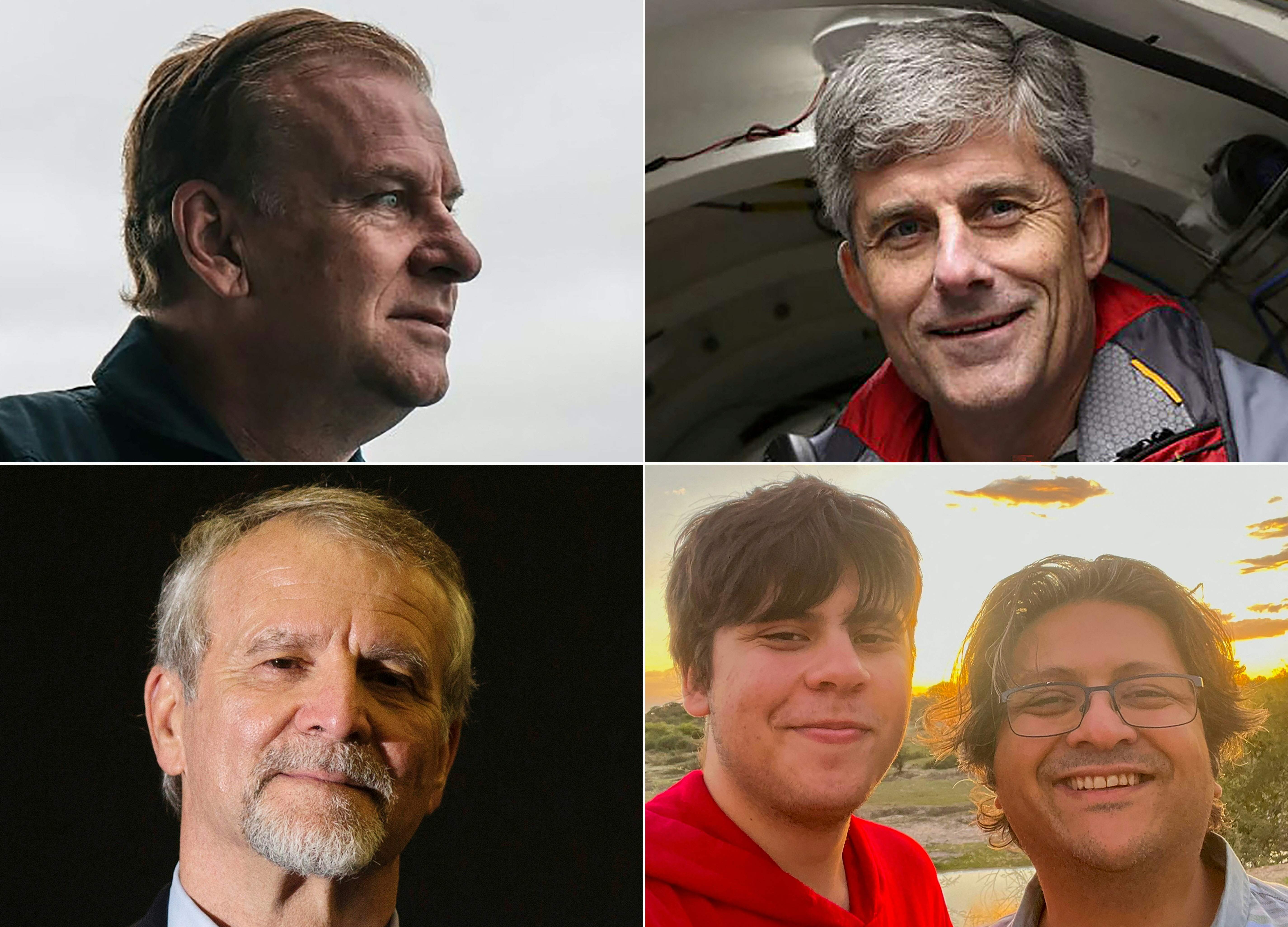 The five crew members confirmed to have died are, clockwise from top left, Hamish Harding, Stockton Rush, Shahzada and Suleman Dawood, and Paul-Henri Nargeolet.