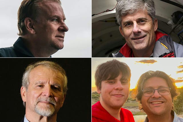 <p>The five crew members confirmed to have died are, clockwise from top left, Hamish Harding, Stockton Rush, Shahzada and Suleman Dawood, and Paul-Henri Nargeolet</p>
