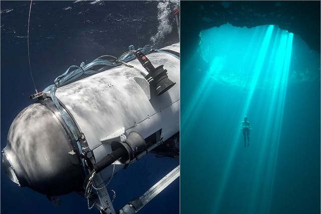 <p>Titan submarine (left) and a still from ‘The Deepest Breath’</p>