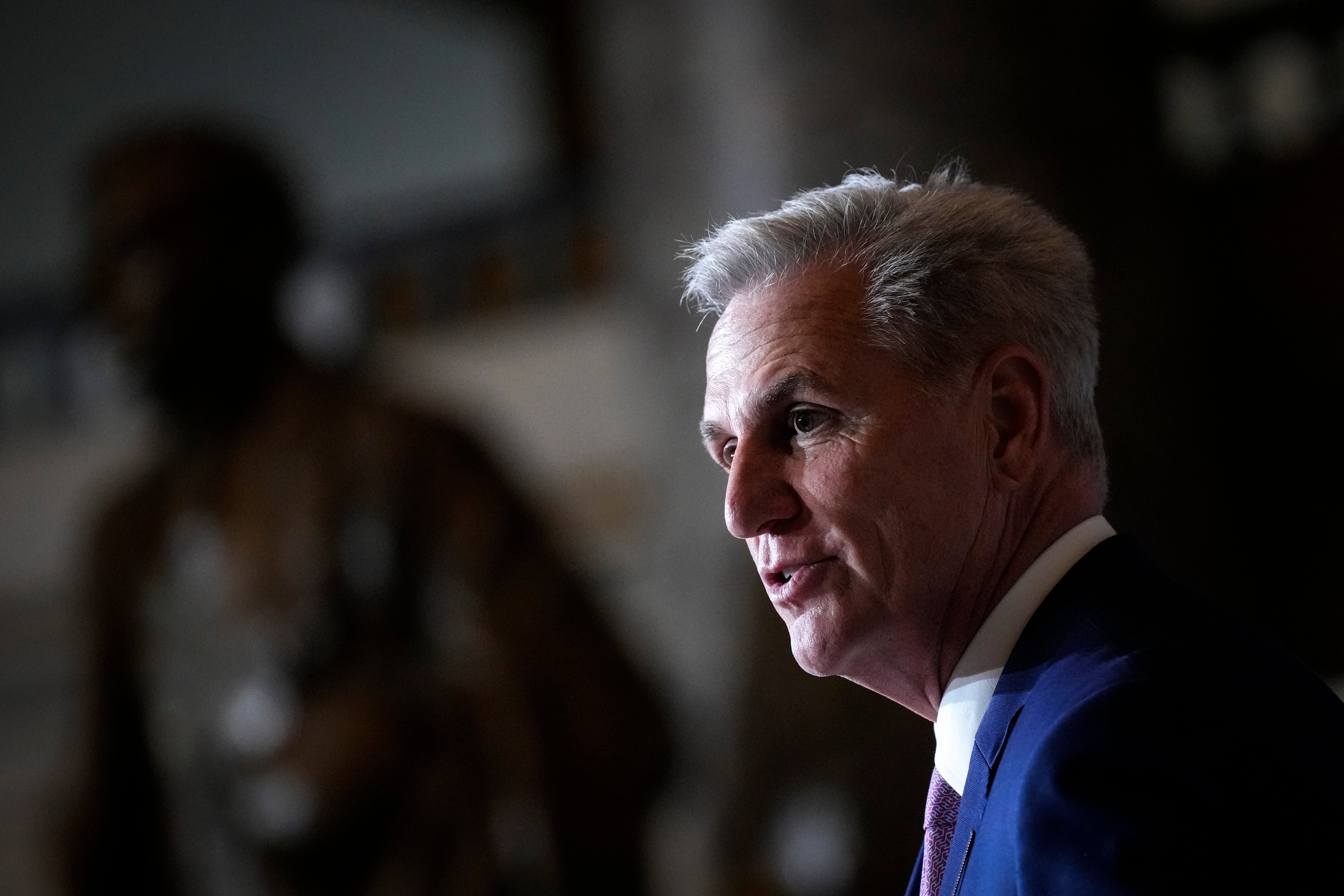 U.S. Speaker of the House Kevin McCarthy (R-CA) speaks during a stamp unveiling ceremony in honor of the late Congressman and civil rights activist John R. Lewis of Georgia, in Statuary Hall at the U.S. Capitol on June 21, 2023 in Washington, DC.