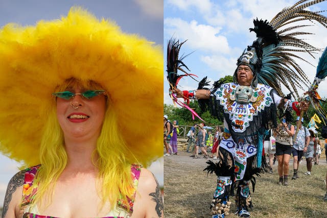 <p>Festival-goers in their best outfits at Glastonbury 2023</p>