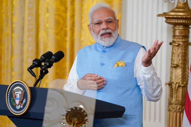 <p>India's Prime Minister Narendra Modi speaks during a news conference with President Joe Biden in the East Room of the White House, Thursday, June 22, 2023, in Washington. (AP Photo/Evan Vucci)</p>