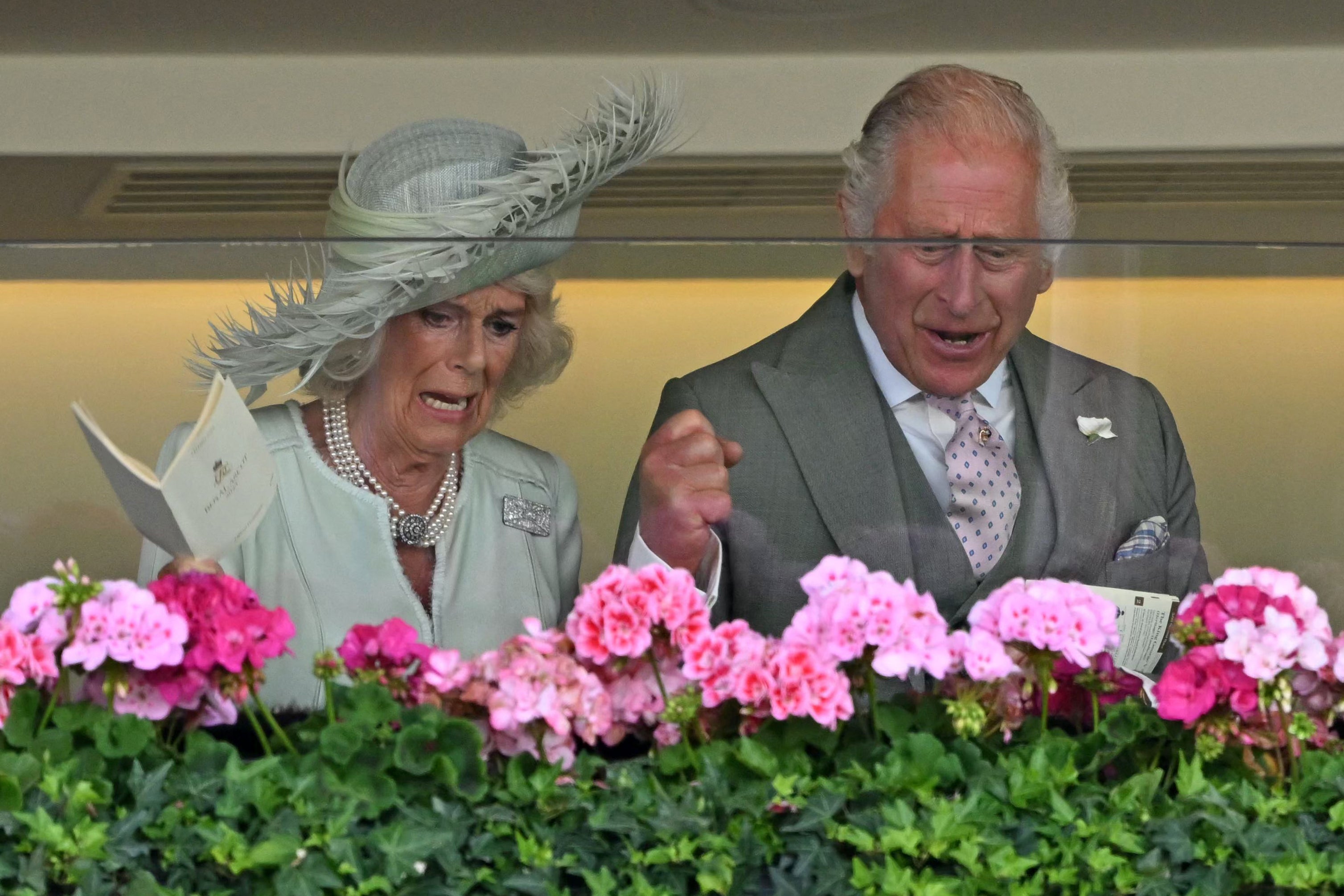 Queen Camilla and King Charles III cheer on their horse, Desert Hero to victory in the King George V Handicap on the third day of the Royal Ascot horse racing meeting in Ascot