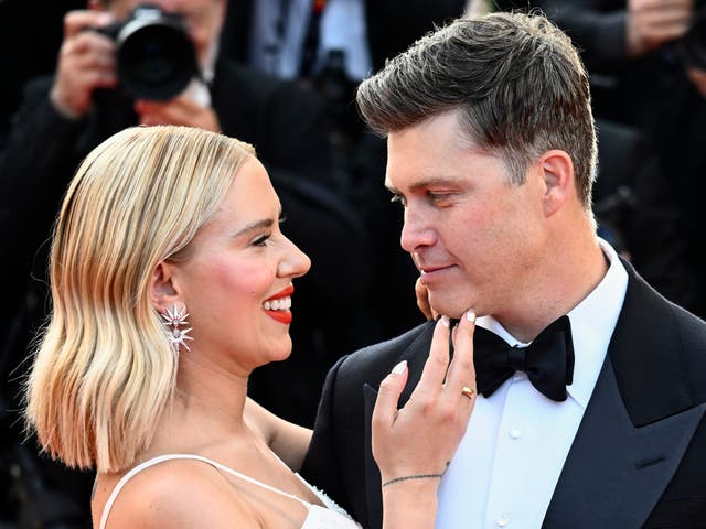 <p>Colin Jost and Scarlett Johansson attend the "Asteroid City" red carpet during the 76th annual Cannes film festival at Palais des Festivals on May 23, 2023</p>