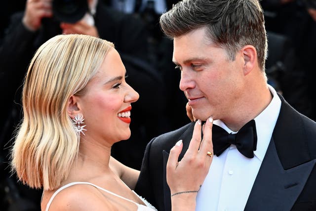 <p>Colin Jost and Scarlett Johansson attend the "Asteroid City" red carpet during the 76th annual Cannes film festival at Palais des Festivals on May 23, 2023</p>