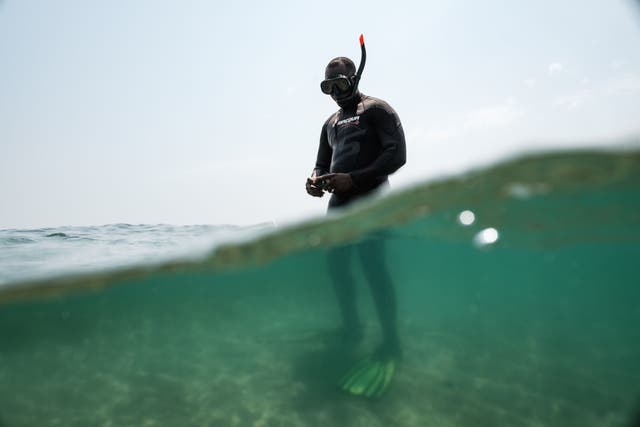 <p>Naval officer Ibrahim Moses Kargbo in his diving gear at a newly discovered area of seagrass off Hoong island in Sierra Leone </p>