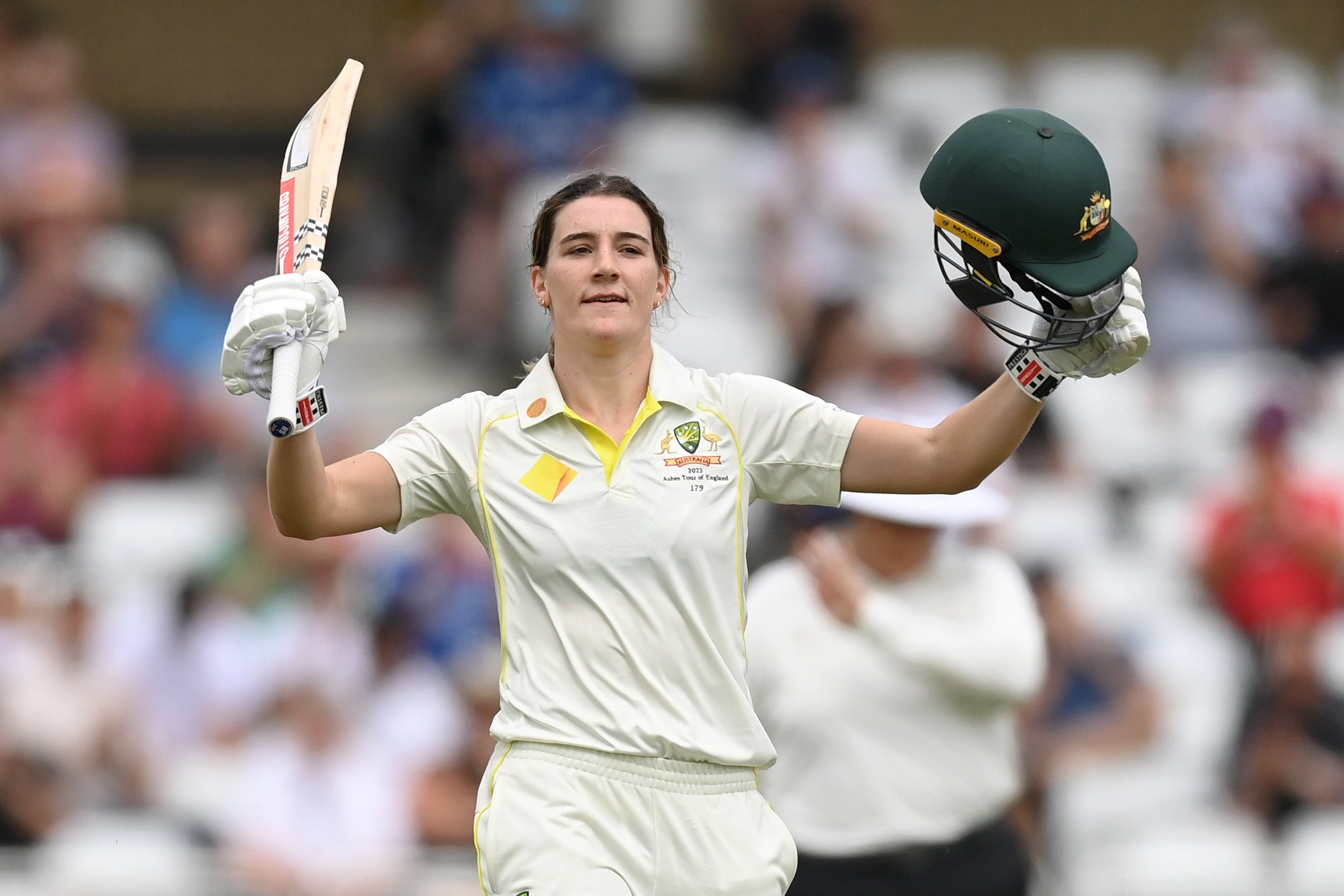 Annabel Sutherland of Australia celebrates reaching her century