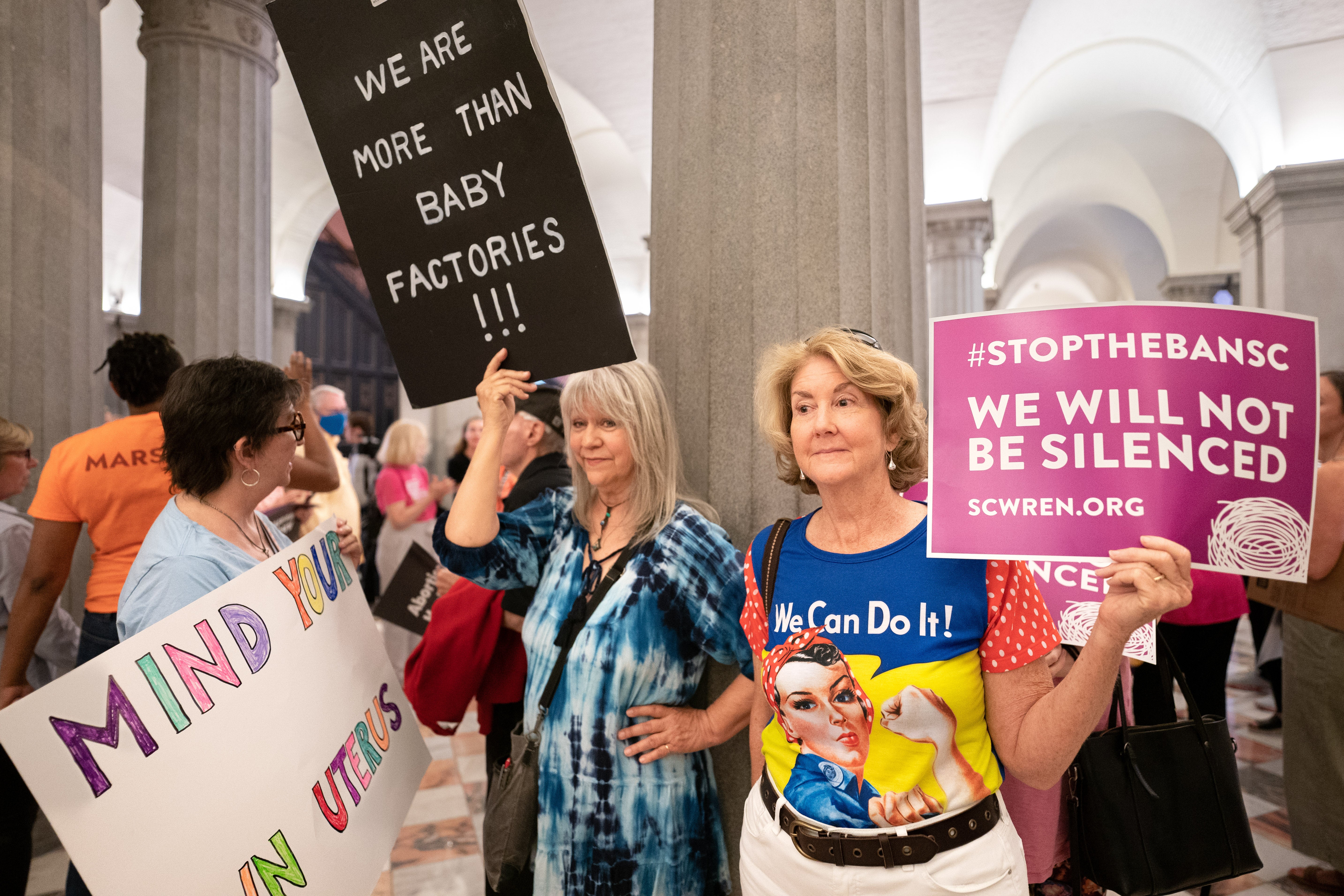 In May, abortion rights demonstrators protested inside South Carolina’s capitol as lawmakers passed a six-week abortion ban later struck down in court.