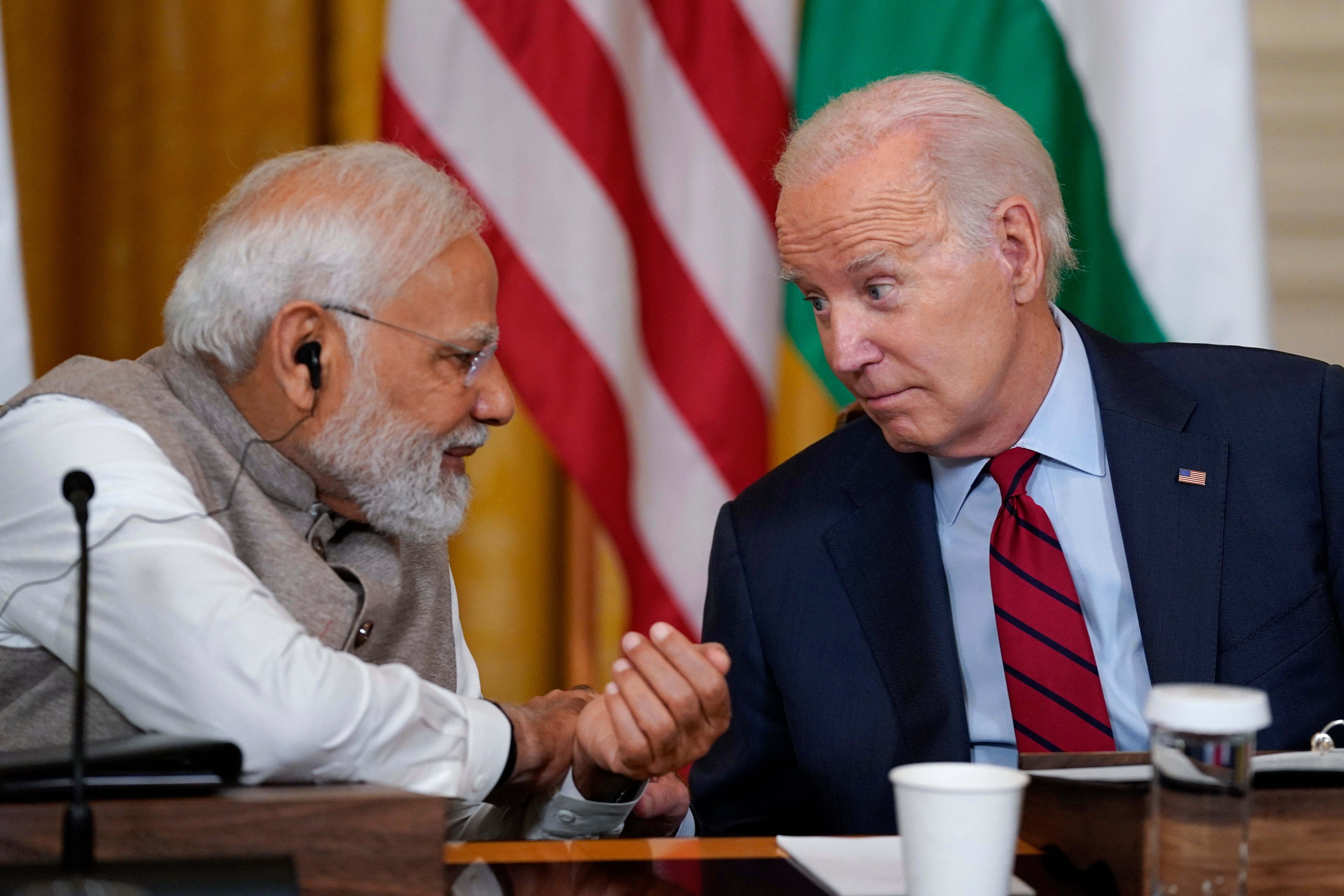 US president Joe Biden speaks with prime minister Narendra Modi during a meeting with American and Indian business leaders at the White House