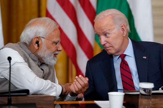 <p>US president Joe Biden speaks with prime minister Narendra Modi during a meeting with American and Indian business leaders at the White House </p>
