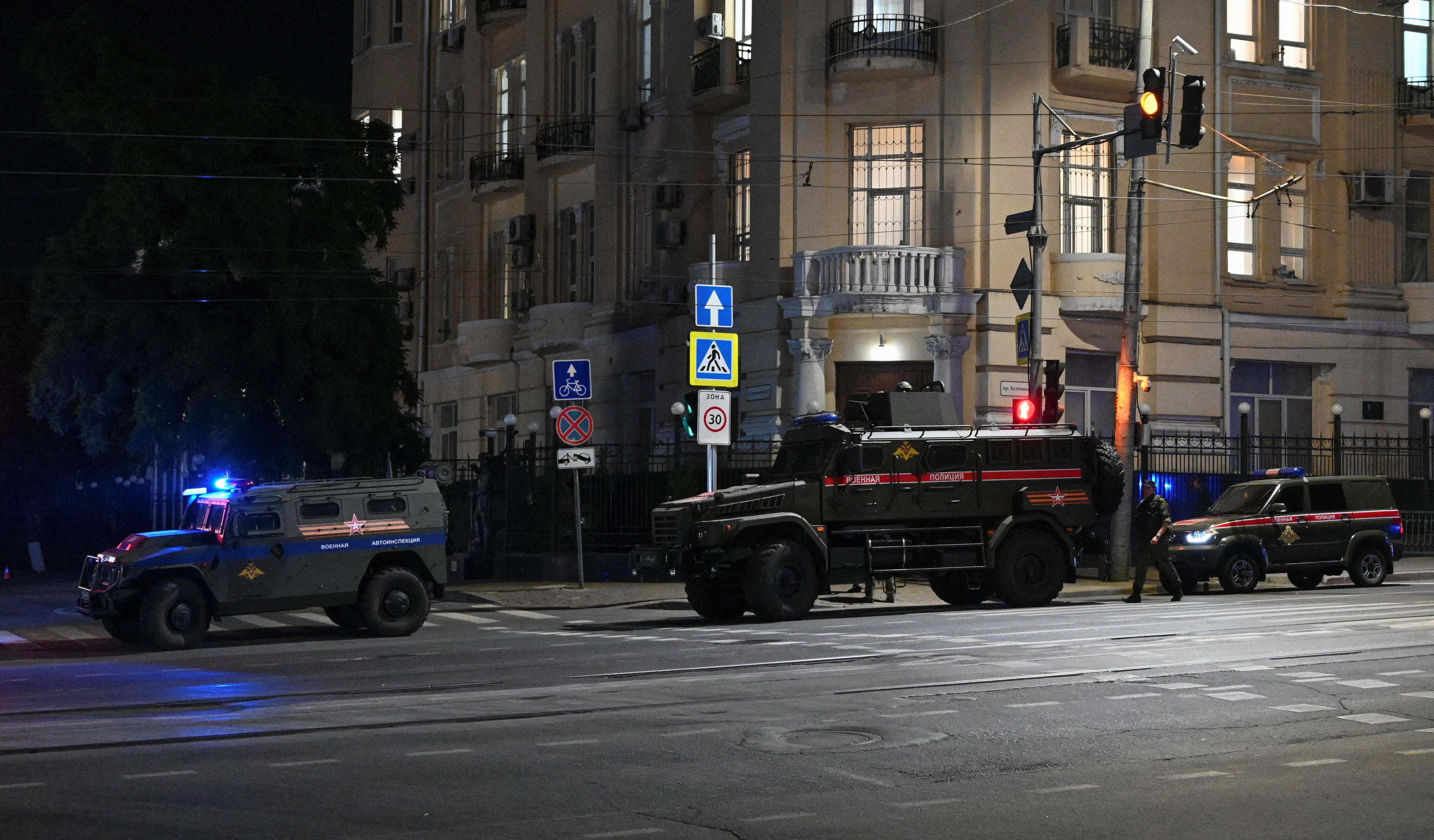 Armoured vehicles are seen on a street of the southern city of Rostov-on-Don, Russia on 24 June, 2023