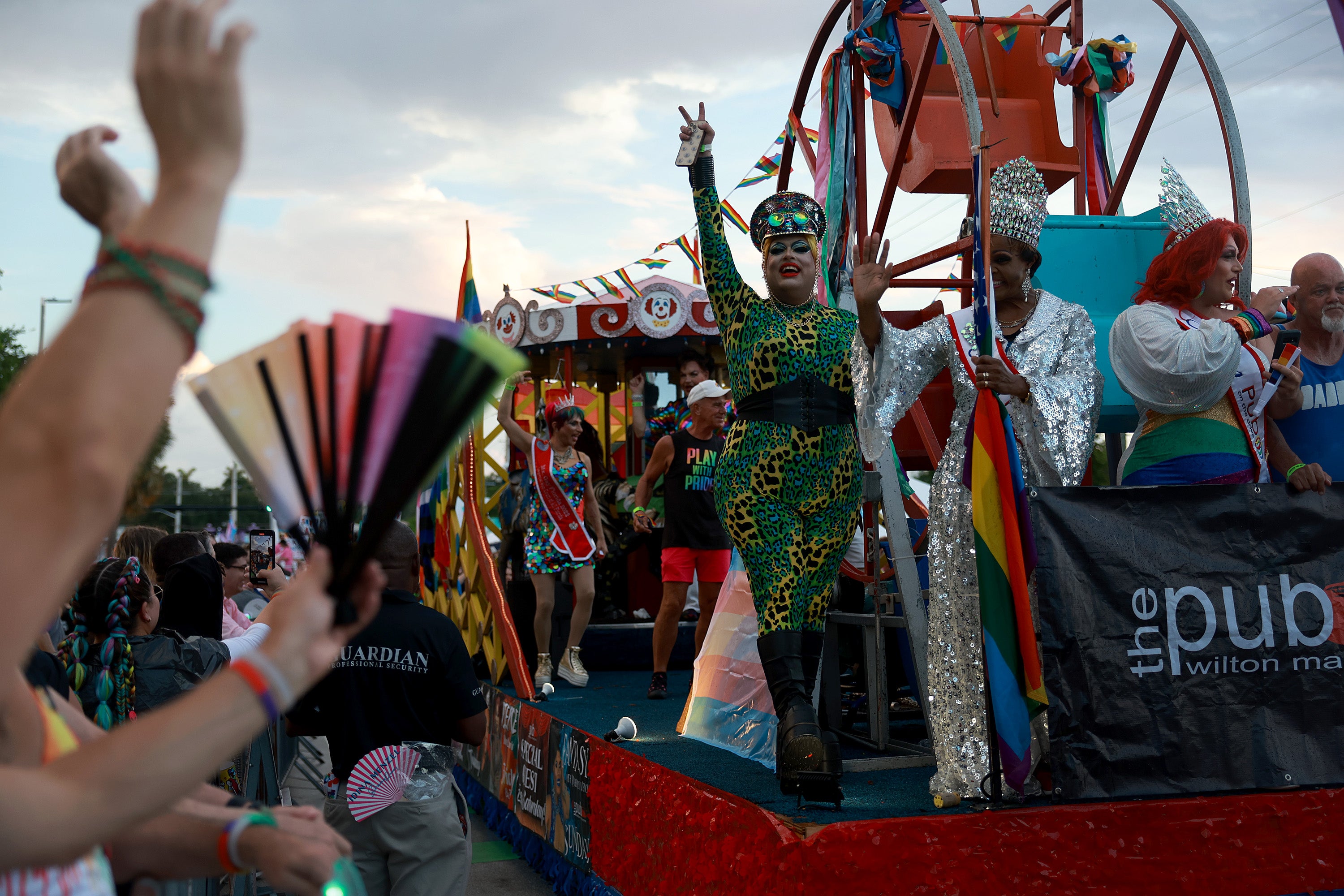 Drag queens ride on a float during the Stonewall Pride parade on June 17, 2023 in Wilton Manors, Florida