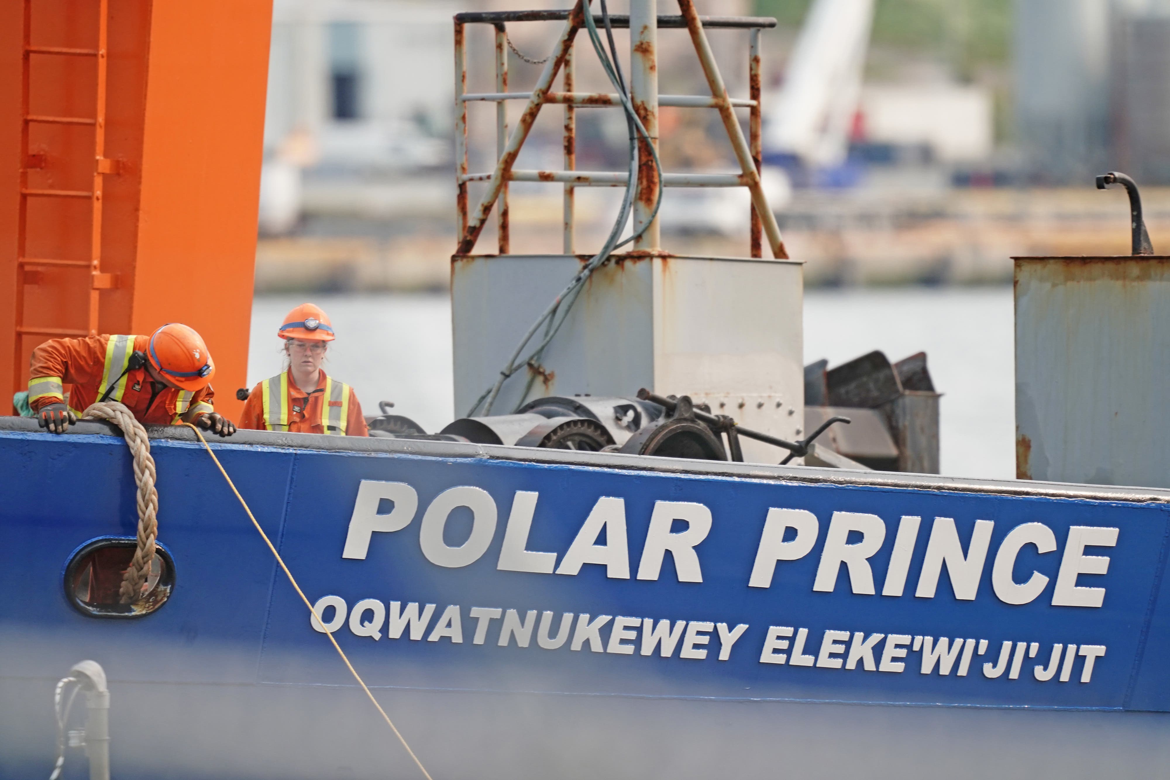 The Polar Prince, the main support ship for the Titan submersible, arrives at the Port of St John’s in Newfoundland Canada (Jordan Pettitt/PA)